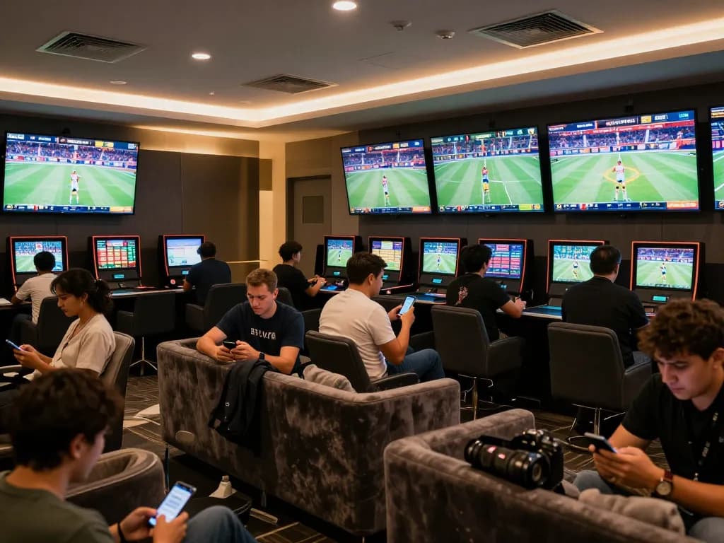 Kèo Nhà Cái 5 enhancing the excitement of sports betting at a modern lounge with individuals engaged in strategic betting