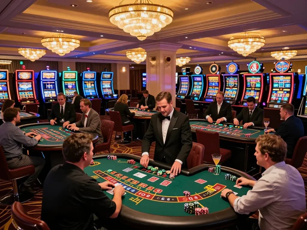 Nohu90 showcases a vibrant casino atmosphere with players actively engaged in gaming tables during an exciting evening.