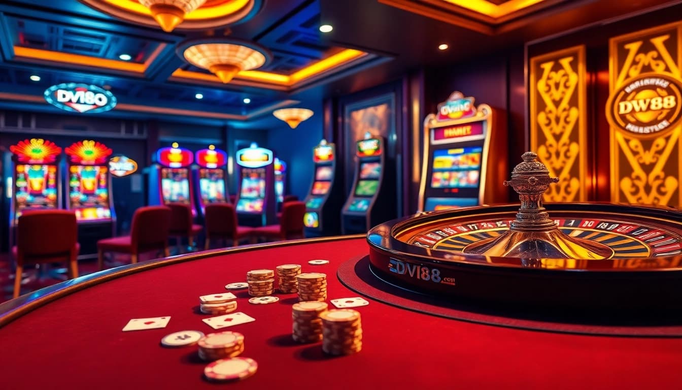 Experience the excitement of online gambling at dv88.com with vibrant casino visuals of poker and roulette.