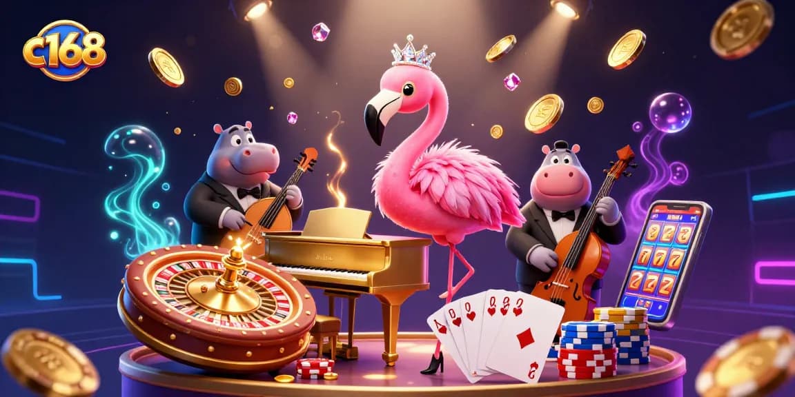 C168 gaming scene showcasing vibrant casino elements with a flamingo singer and hippo bassist.