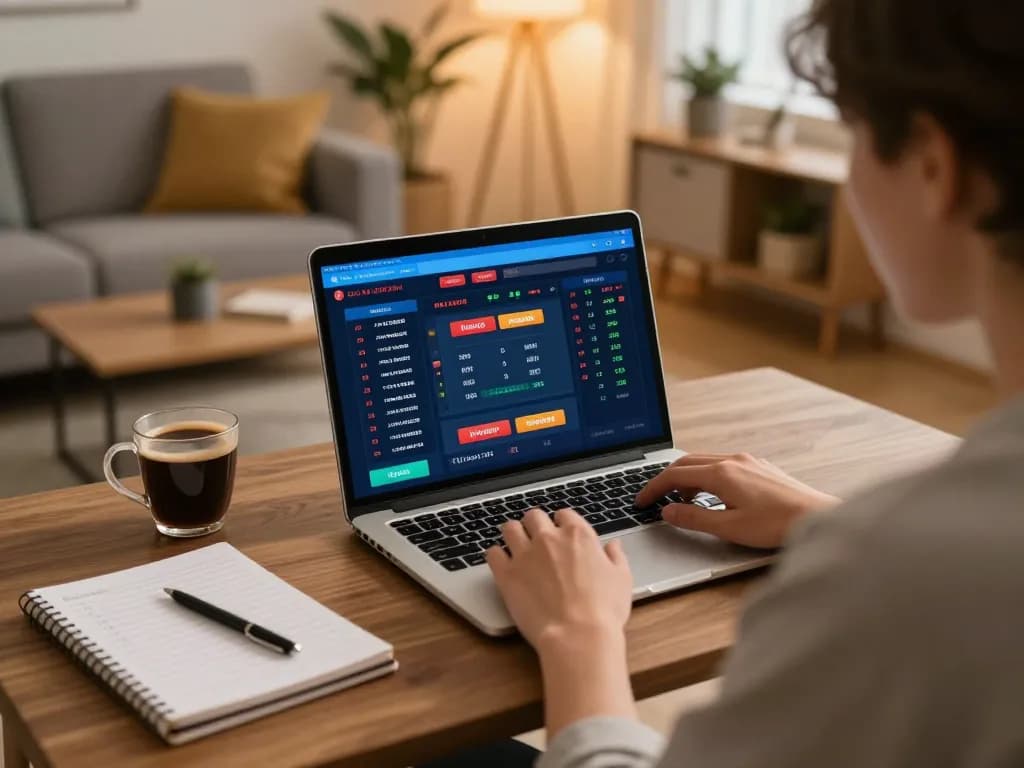 Engaging in sports betting with XX88 at home using a laptop, showcasing strategic approach.