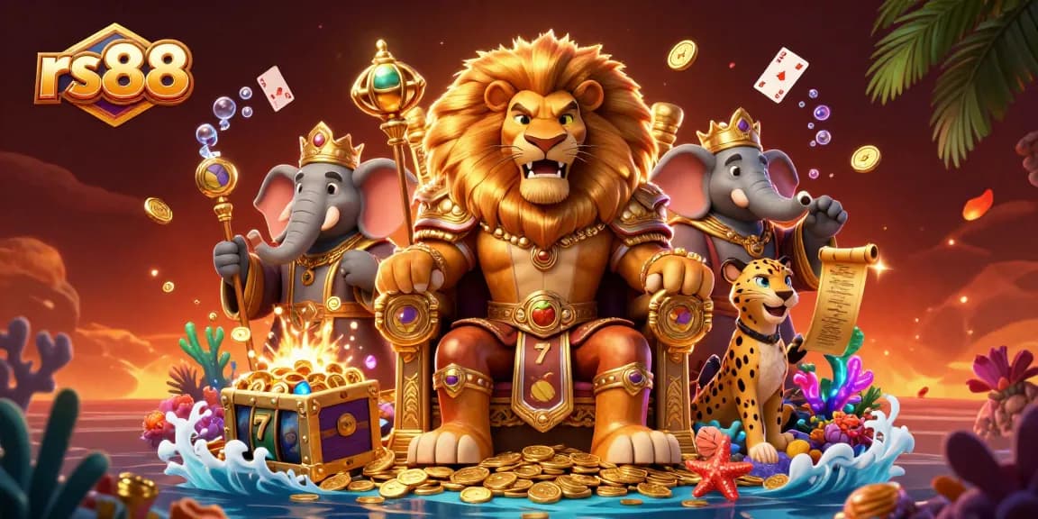 Experience the excitement of rs88 with a vibrant 3D scene featuring a lion king, elephant advisor, and cheetah amidst dynamic casino elements.