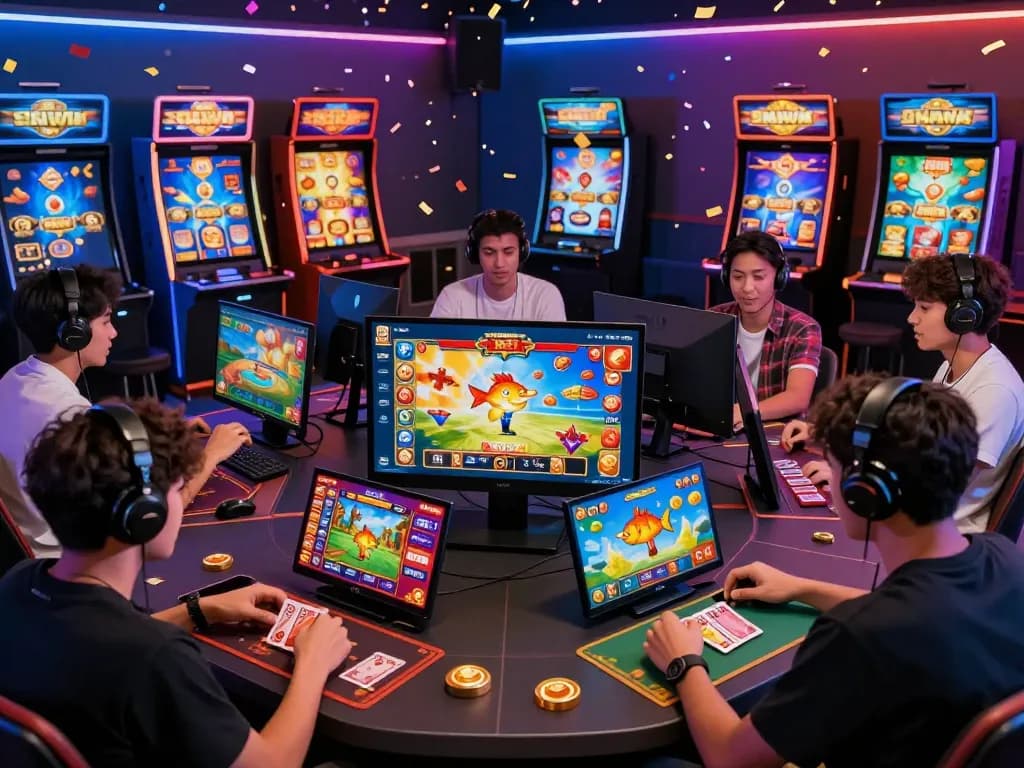 Sun Win platform gaming scene with players enjoying diverse online games in a vibrant digital interface.