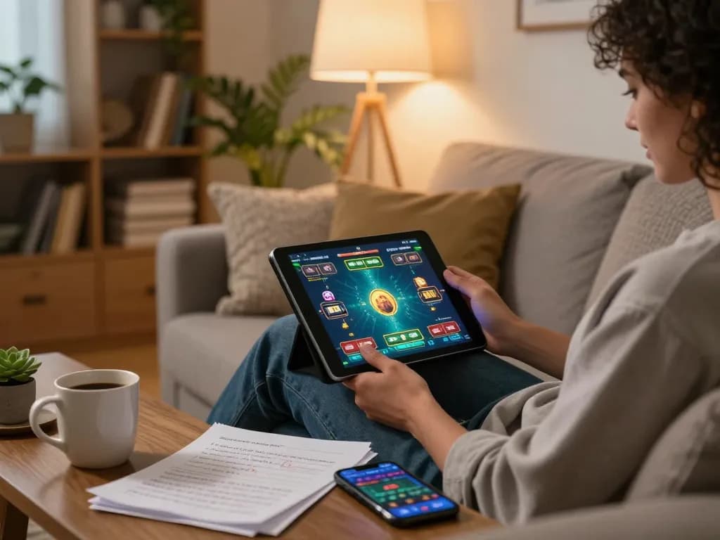 Experience iwin club gaming on a tablet with strategy notes amidst cozy home ambiance.