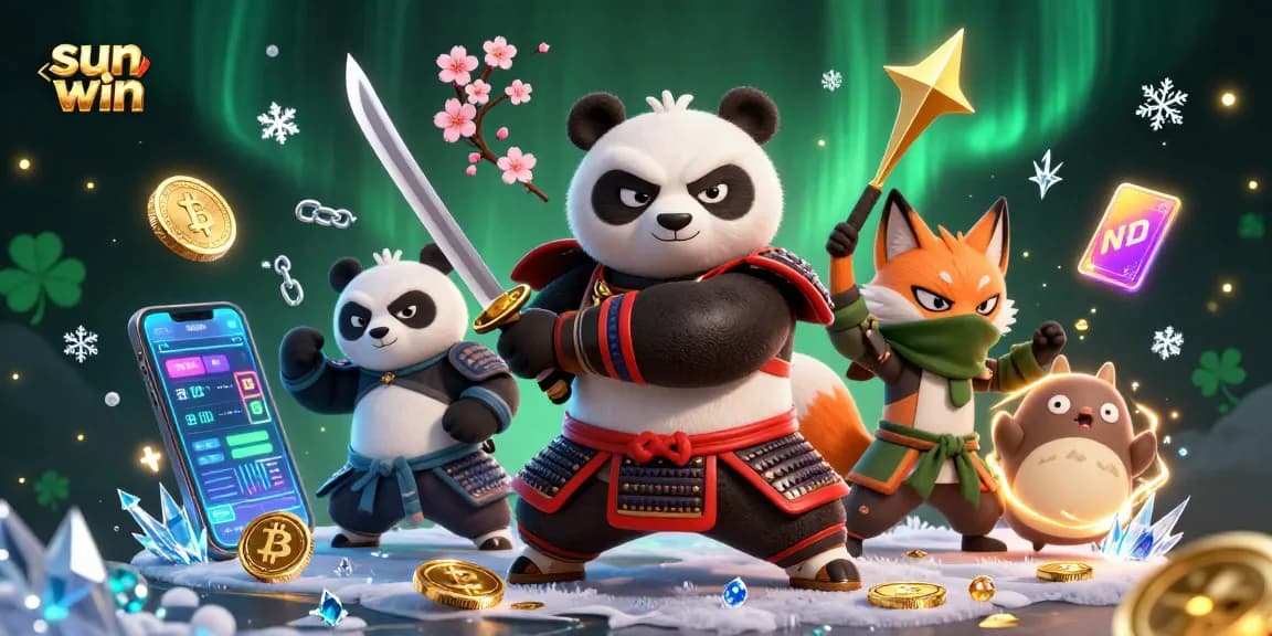 Execute strategies and win with sun win in this vibrant casino-themed illustration featuring 3D characters and crypto elements.