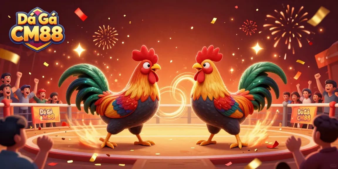 Engage in the excitement of Đá Gà CM88 as roosters battle in a vibrant arena filled with cheering fans and celebratory effects.