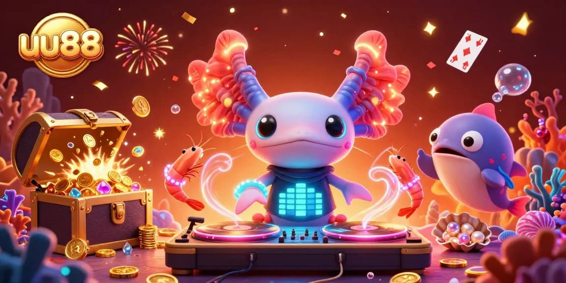 Experience thrills with uu88 as the neon axolotl DJ spins in a vibrant underwater casino.