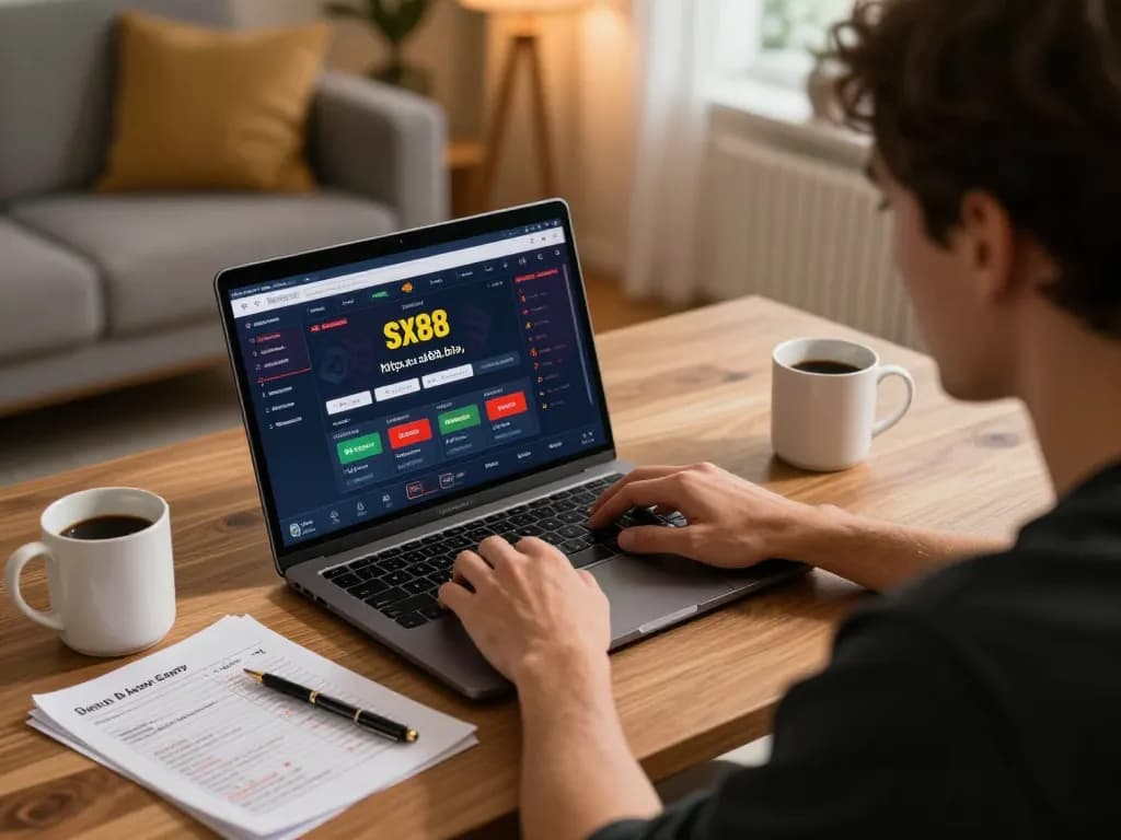 Engaging in online gambling at https://sx88.bio/, focusing on betting strategies with a laptop and notes.