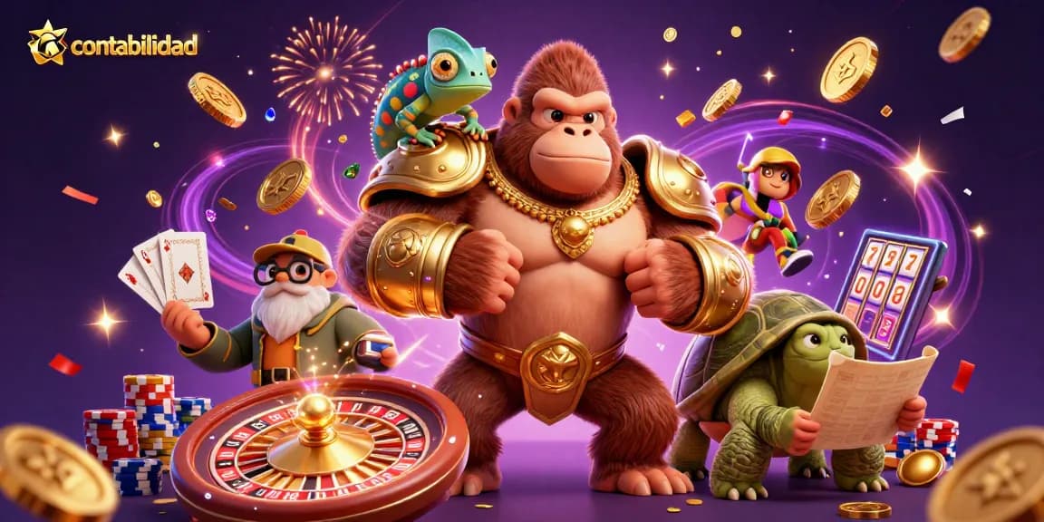 Engage with contabilidad-themed characters celebrating a lucrative gambling adventure with vibrant casino elements.