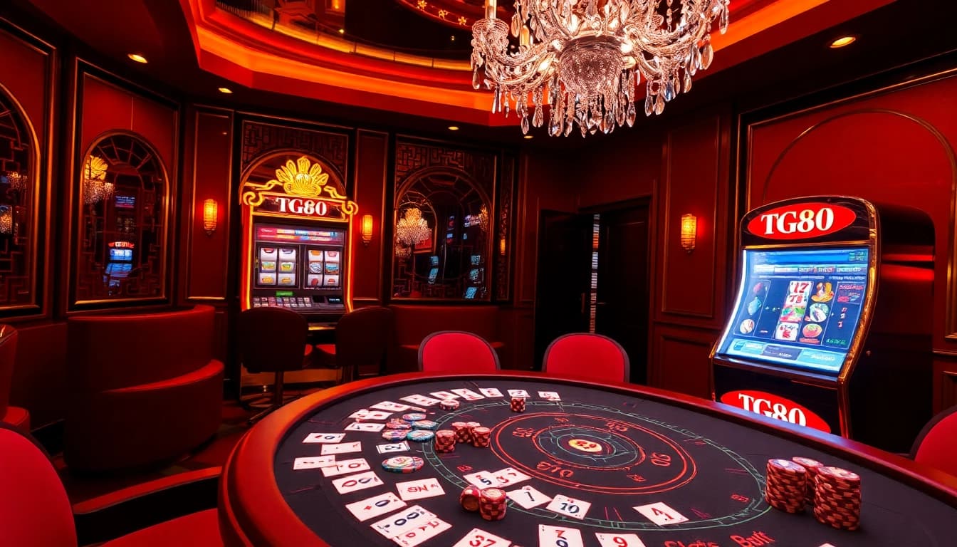 Engage with TG88's thrilling casino experience featuring cards, chips, and a jackpot slot machine.