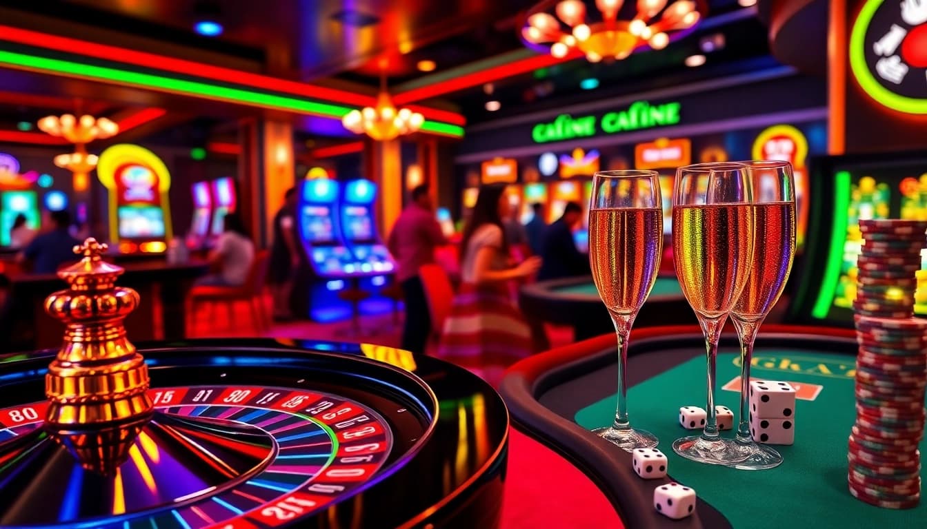 Vibrant casino scene depicting players at 888neww8.com with roulette and poker, showcasing excitement and luxury.