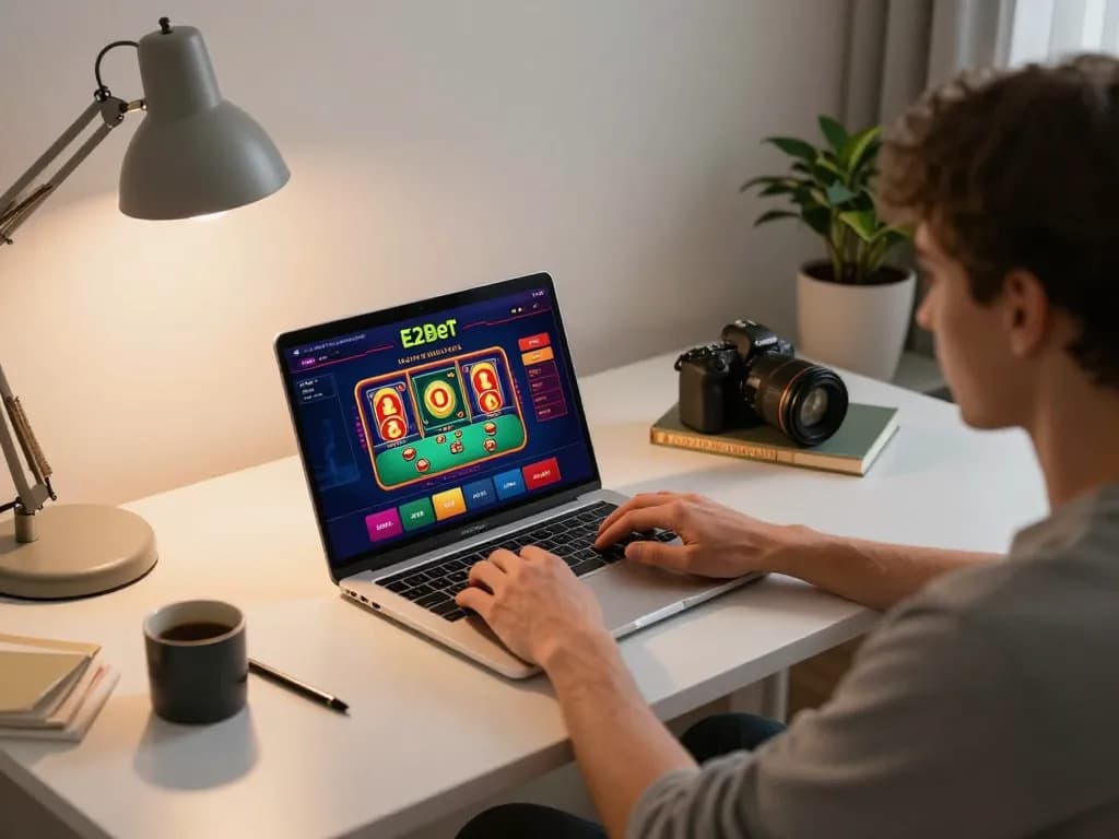 Engaging with E2bet online casino platform on a laptop in a cozy home office setting.