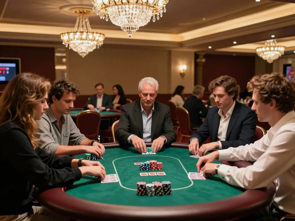 Players strategizing at a poker table in an upscale casino, showcasing uu88.com for responsible betting.