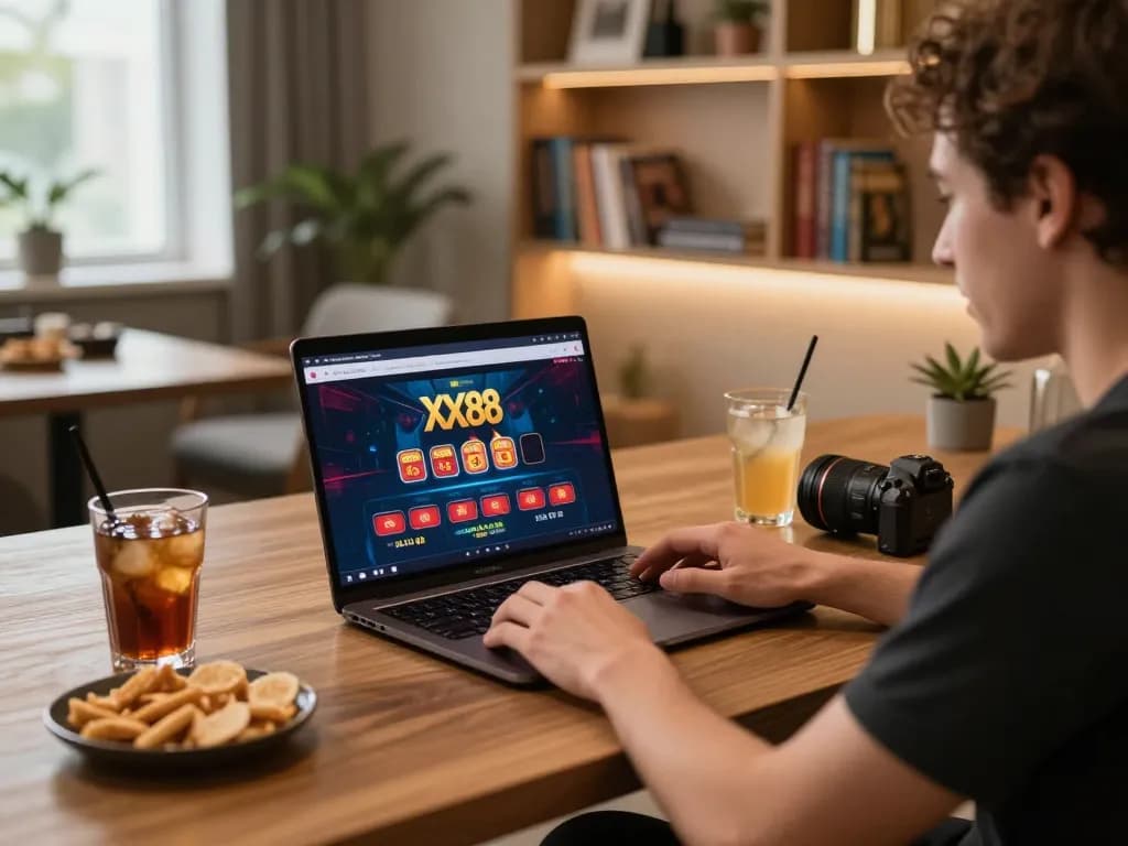 Player engaging with the XX88 online casino setup, showcasing strategic gameplay and cozy atmosphere.
