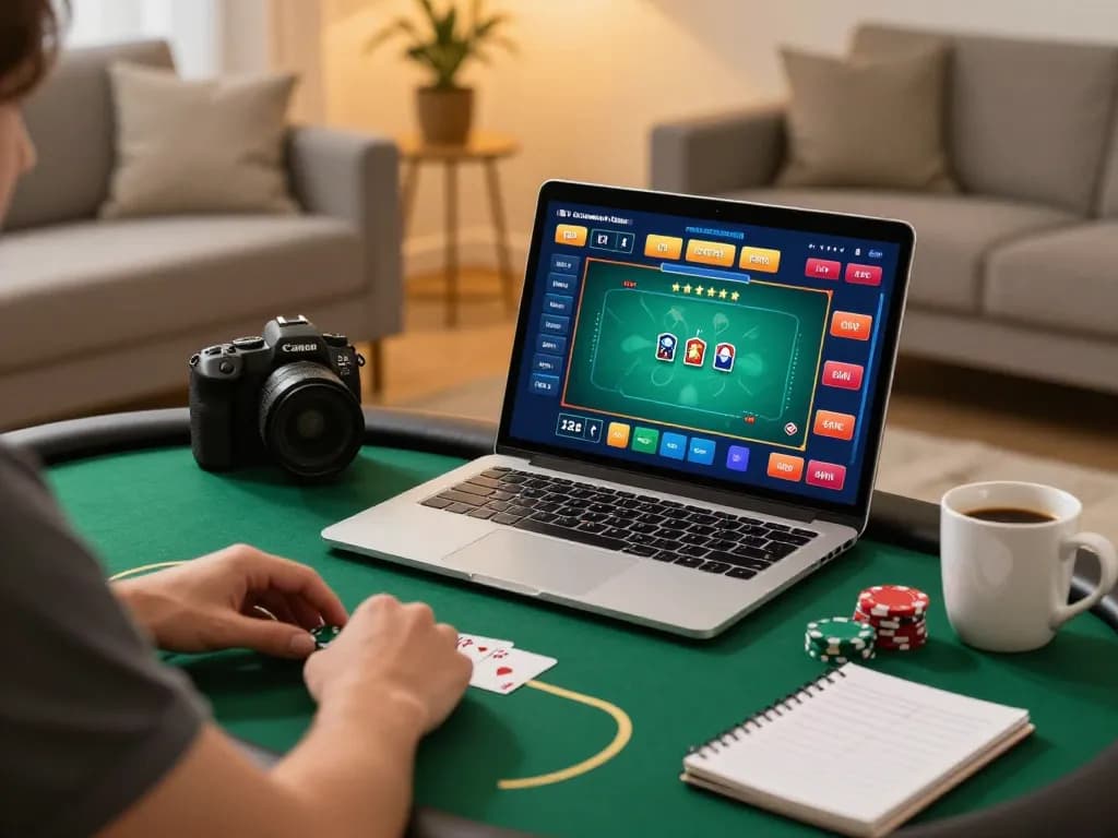 Engaging in online poker at home with 79 king platform on the laptop, showcasing a vibrant gaming atmosphere.