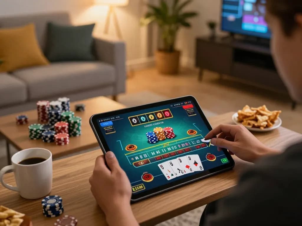 Engaging in live dealer games on tablet at nhà cái lv88 in a cozy home environment, showcasing an inviting gambling experience.