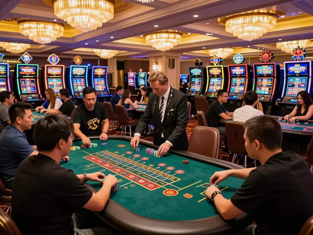 Players engaging in exciting gameplay at 79king-vn casino, showcasing roulette and blackjack tables.