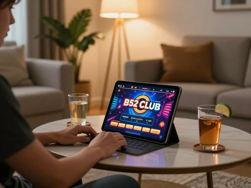 B52 Club gaming on tablet, showcasing detailed interface and cozy home setup.