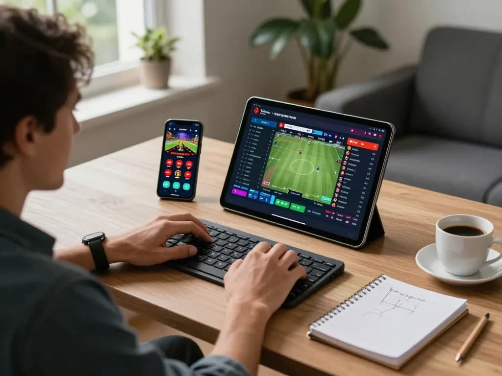 Engaging in sports betting on 11bet from a modern home office setup with a tablet.