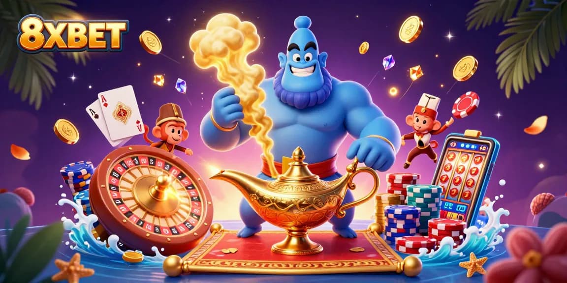 Engage with 8XBET in a dynamic casino scene featuring vibrant characters, casino elements, and magical visuals.