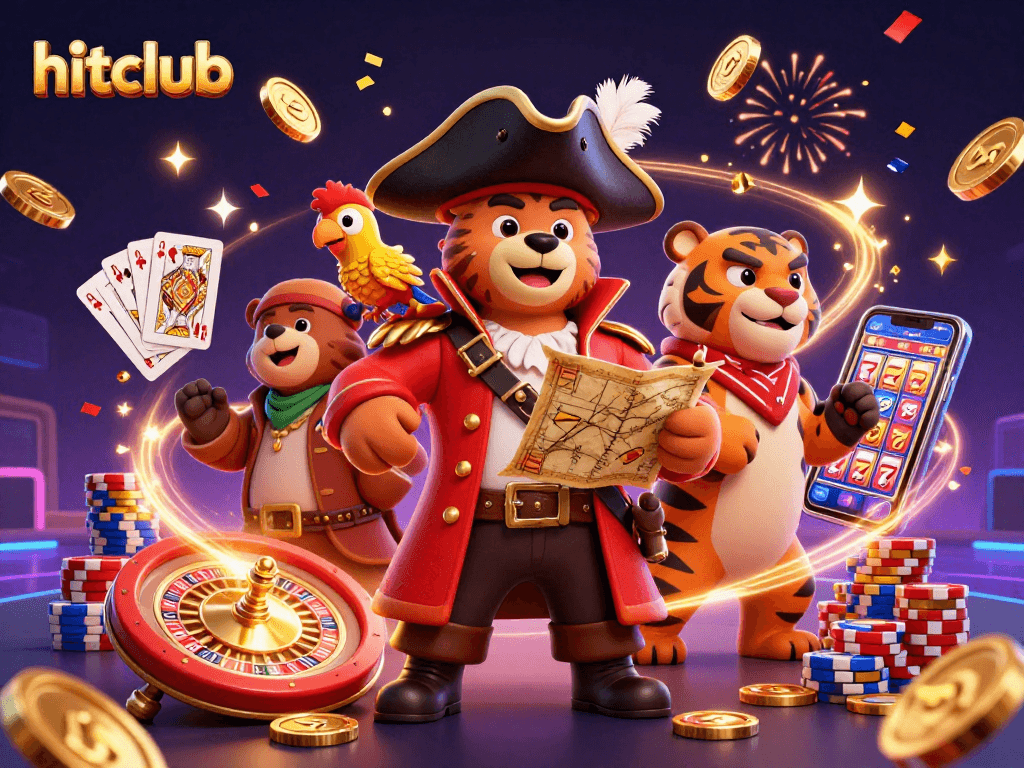 Engage with hitclub's thrilling gaming scene featuring vibrant 3D characters and casino elements.