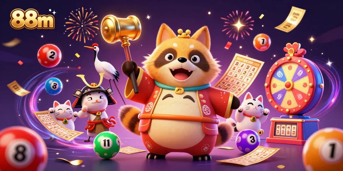 88m displays a vibrant dynamic illustration of a cheerful tanuki and maneki-neko fortune cats enjoying a casino celebration.