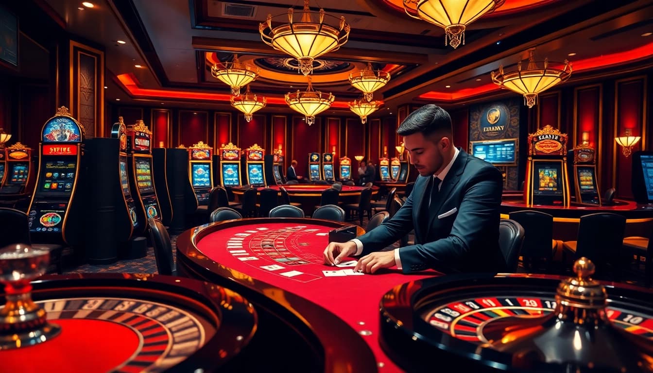 Engaging player betting on nk88 at a luxurious casino, surrounded by poker tables and slot machines.
