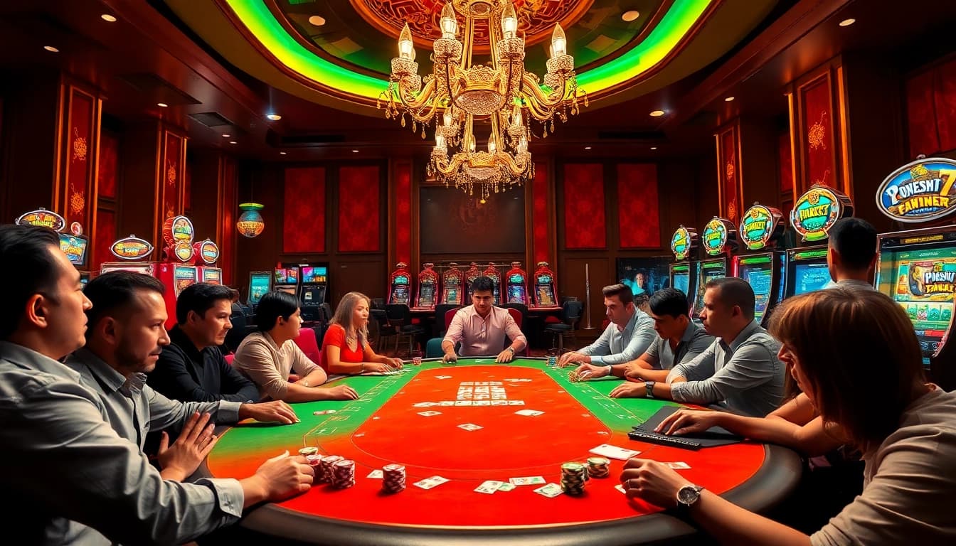 Players enjoying a thrilling poker game at a luxurious casino featured on http://go88hv.com/ with vibrant chips and cards.