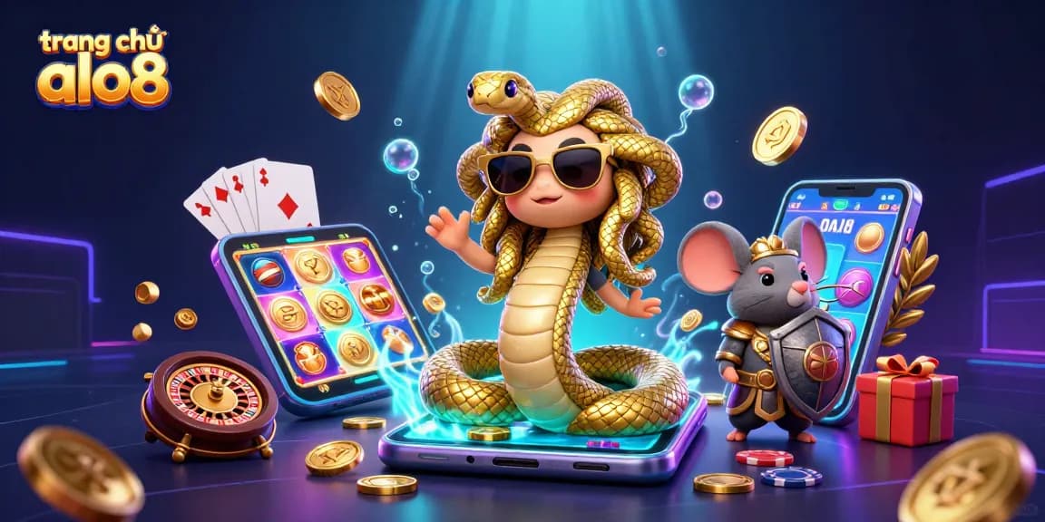 Engage with the thrilling world of trang chủ alo8, featuring Medusa and a warrior mouse amidst vibrant casino elements.