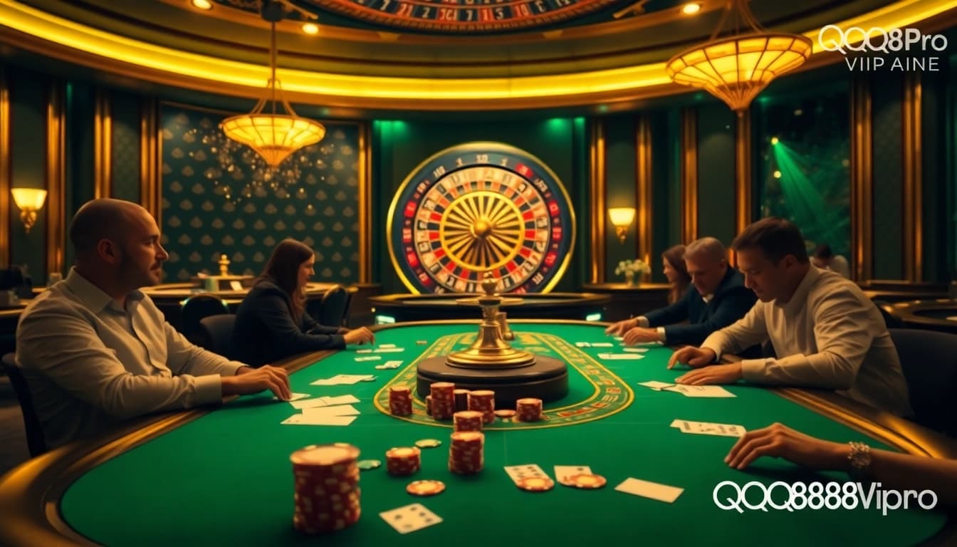 Experience a thrilling poker game at QQ88pro Vip with high-stakes players and vibrant casino ambiance.