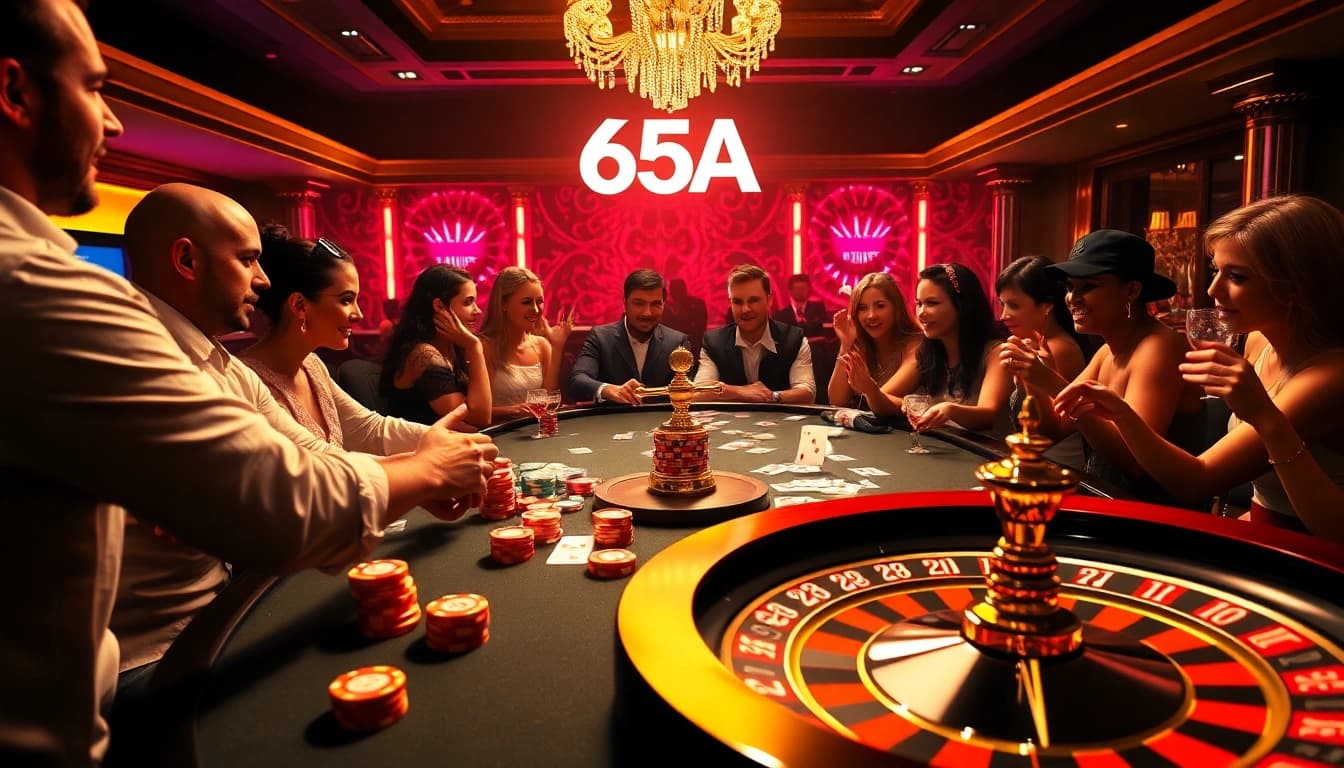 A thrilling casino scene featuring eager players at a poker table, showcasing 65A's vibrant gaming atmosphere.