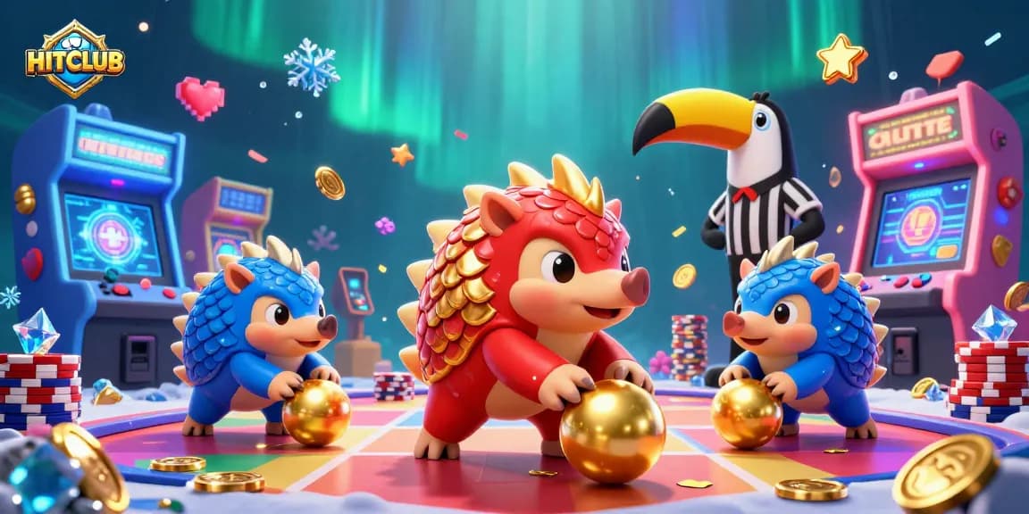 HITCLUB features dynamic pangolins enjoying vibrant casino games with poker chips and arcade elements.