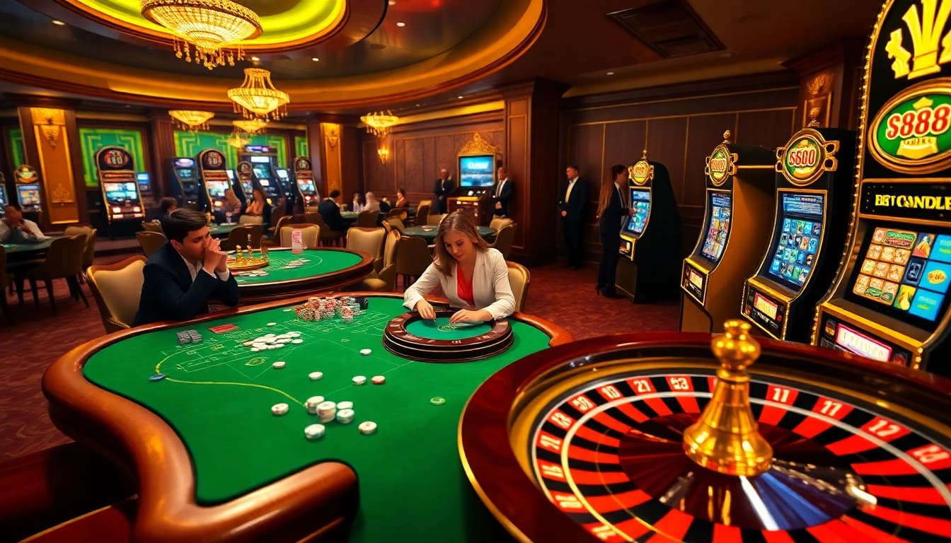 Engaged players in a luxurious casino scene at 888b with vibrant poker chips and spinning roulette.