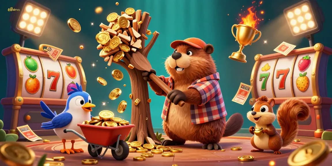 Experience the thrill of gaming with 68win vip as a 3D cartoon beaver brings golden coins raining down in a vibrant casino.