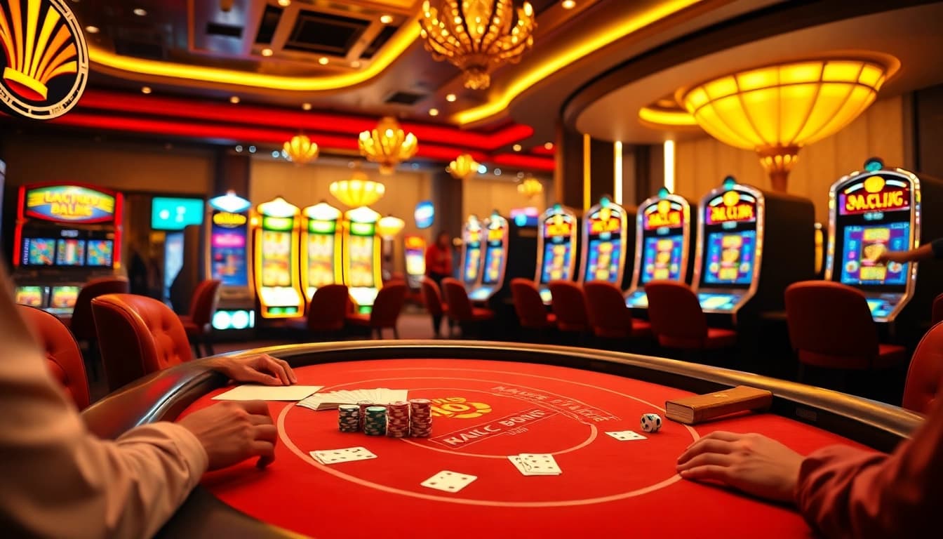 Experience excitement at an abc vip luxury casino with elegant poker tables and vibrant slot machines.
