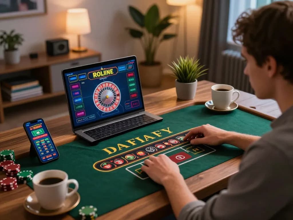 Player enjoying online roulette at home, focusing on 98win01 for a thrilling gaming experience.