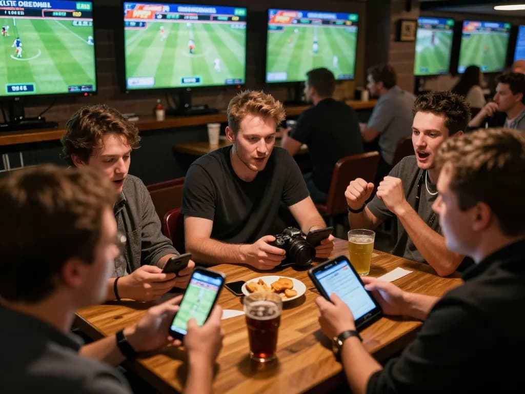 Sports bettors analyzing bets in a lively bar during a live match at tr88seo.