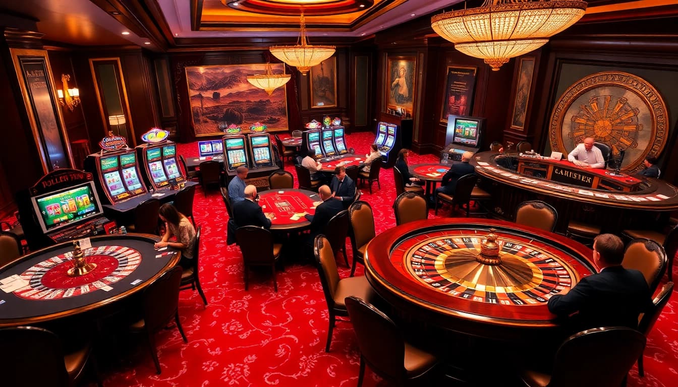 Experience the thrill of casino gaming with aa888bet.us amidst luxury tables and vibrant slot machines.