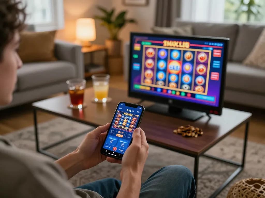 B52 club player enjoying mobile gaming experience in a cozy living room.