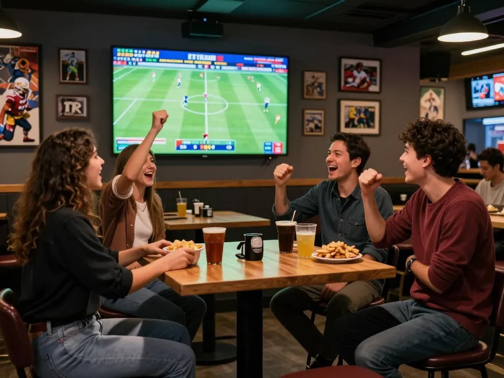 Tỷ lệ kèo nhà cái hôm nay reflected in a lively sports betting lounge with friends celebrating a win.