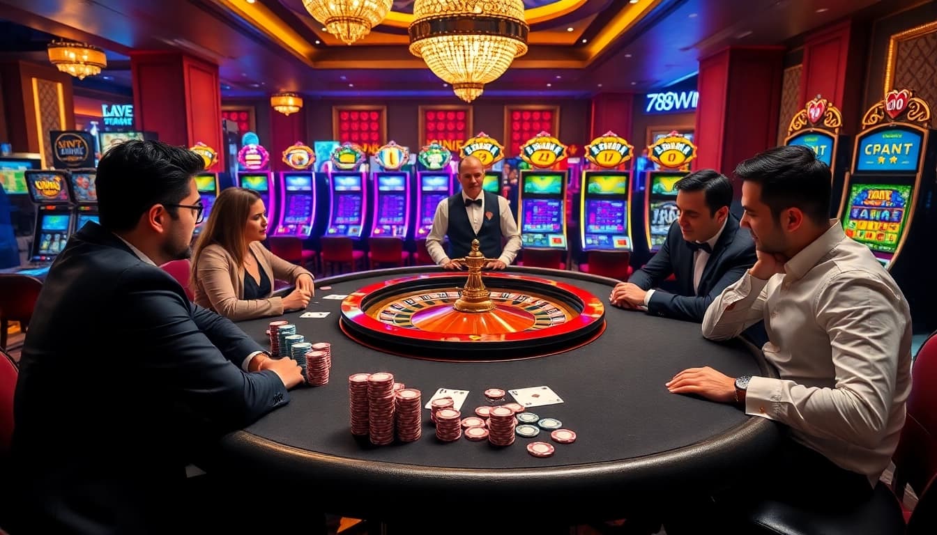 Exciting player interaction at the 789winn luxury casino poker table with vibrant chips.
