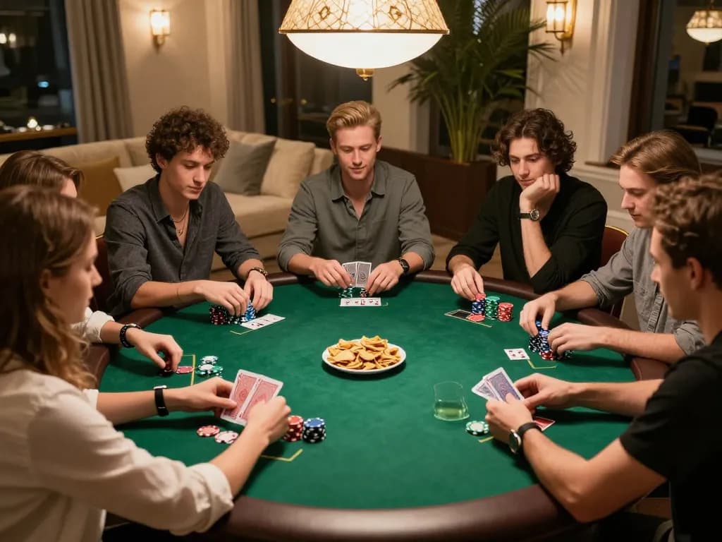 IWINCLUB players strategizing during a high-stakes home poker game, showcasing intense focus and camaraderie.