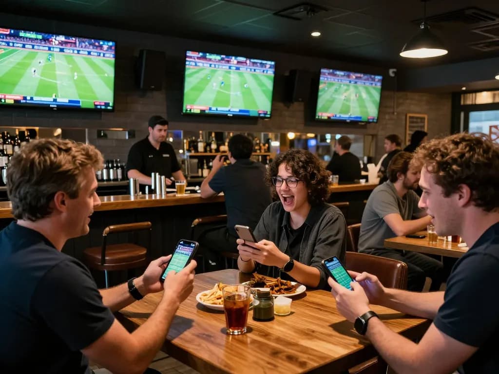 Fans engaged in live sports betting at a digitalwala link, enjoying the atmosphere of a bustling sports bar.