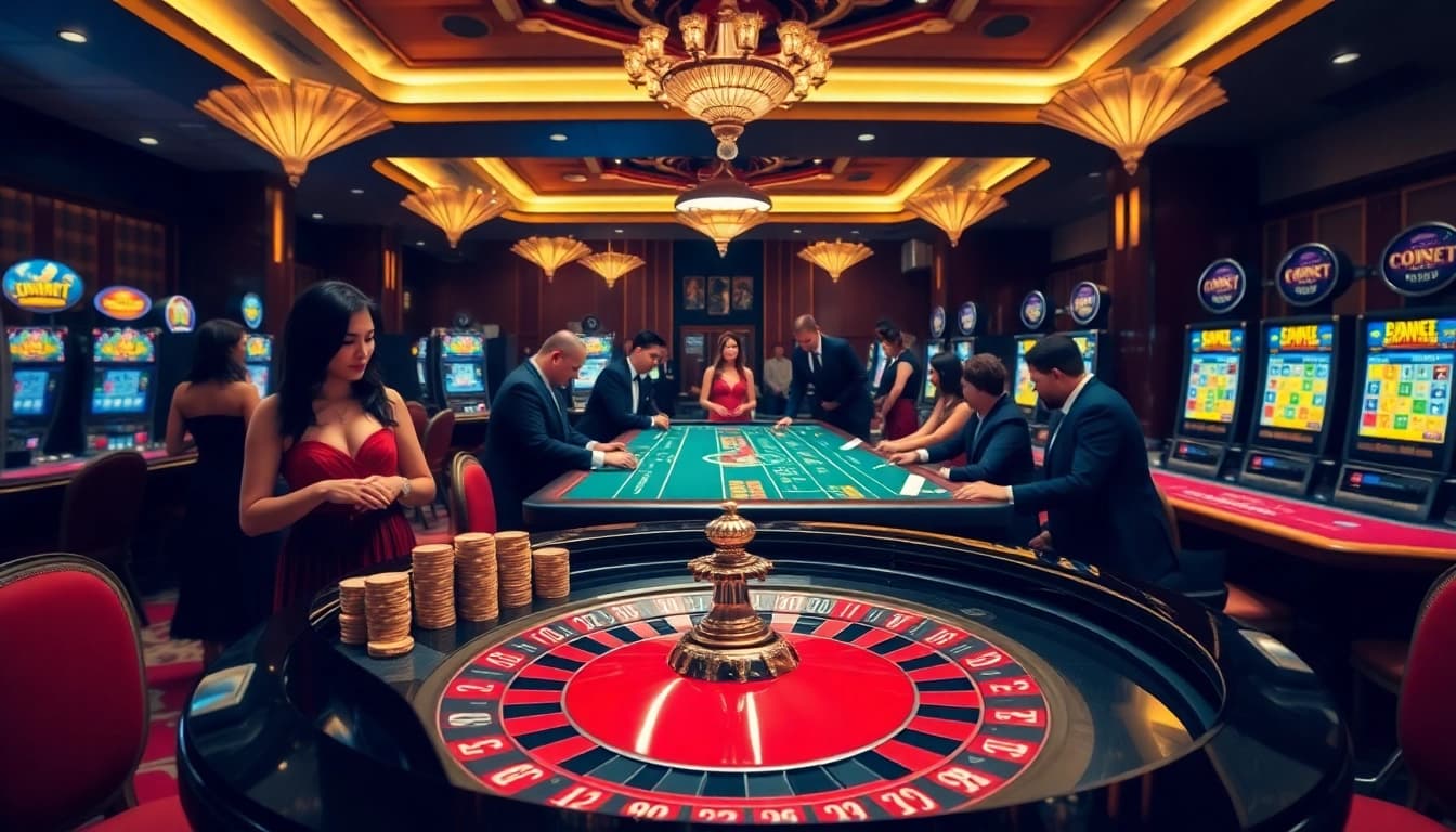 Experience high-stakes excitement at n188 com with a luxurious roulette table and elegant players.