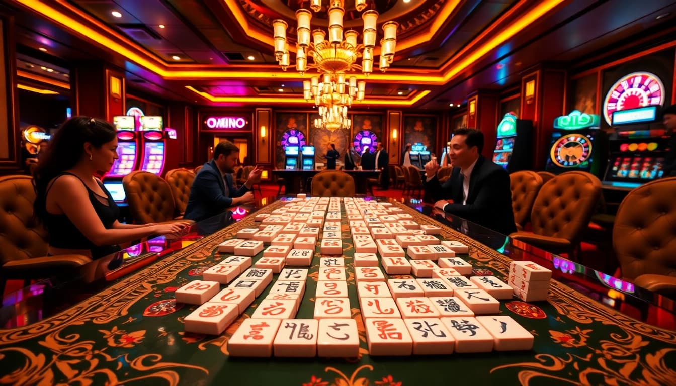 Players enjoying the thrilling HM88 game at a luxurious mahjong table in a vibrant casino.