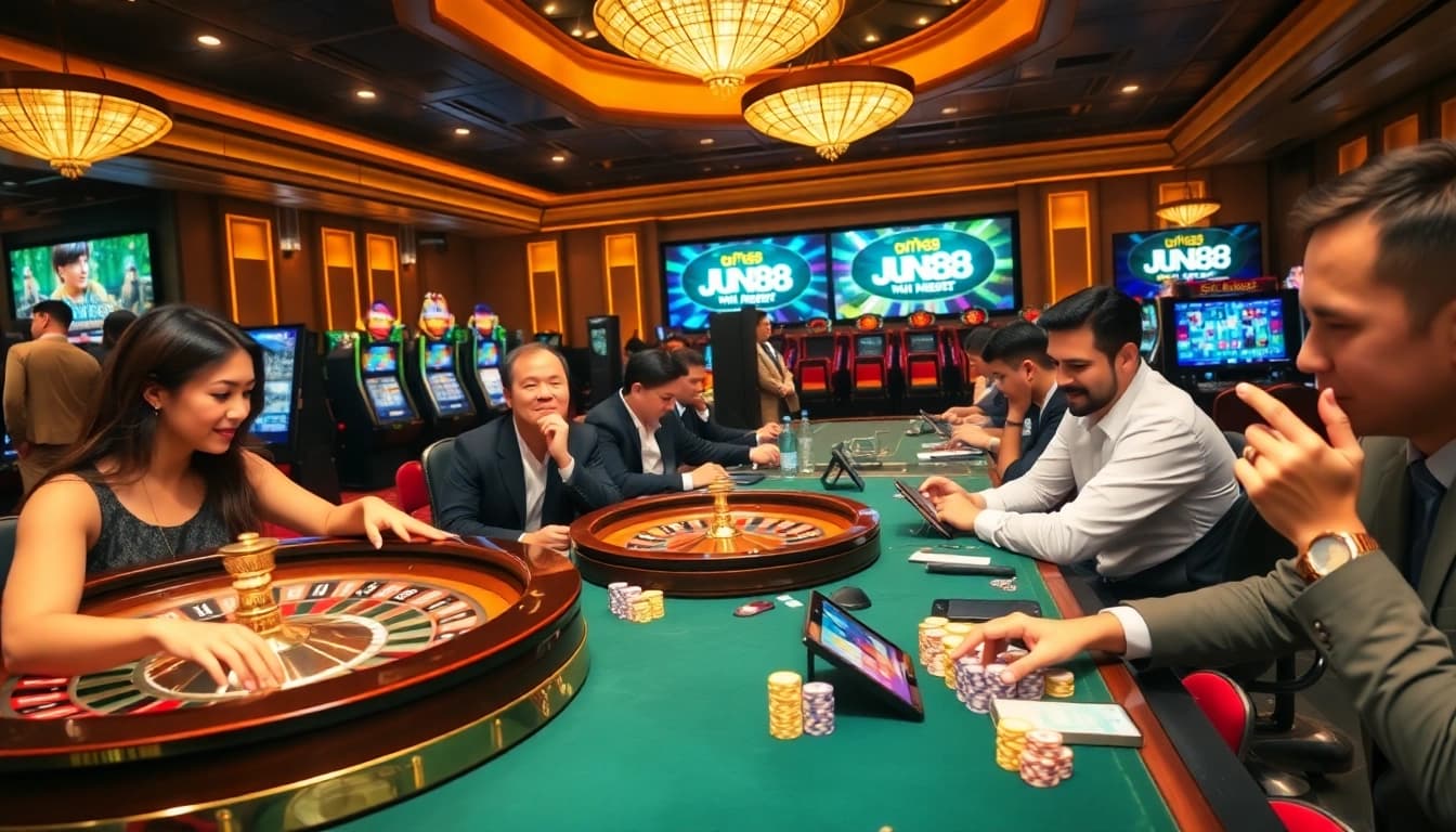 Players enjoying a thrilling gaming experience at Jun88 casino, surrounded by roulette wheels and vibrant slot machines.