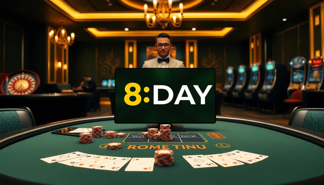 Players engaging at a professional poker table at Nhà cái 8DAY, showcasing excitement and luxury in online gambling.