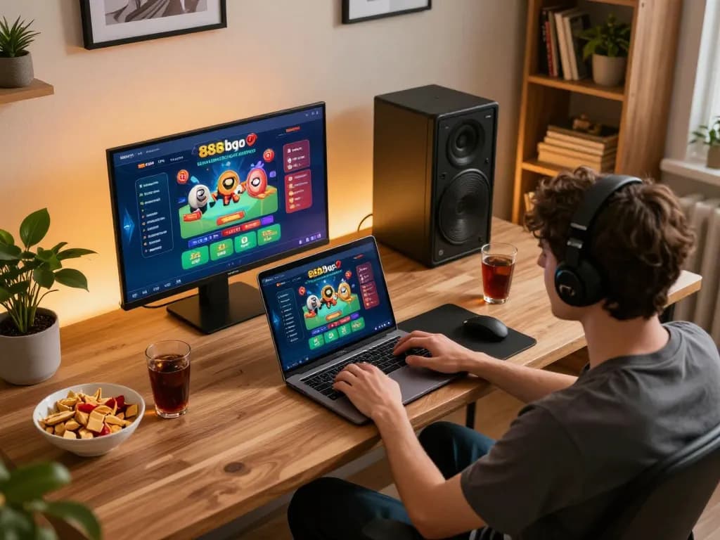 Engaging online gamer enjoying casino gameplay with 888bgo interface on laptop.