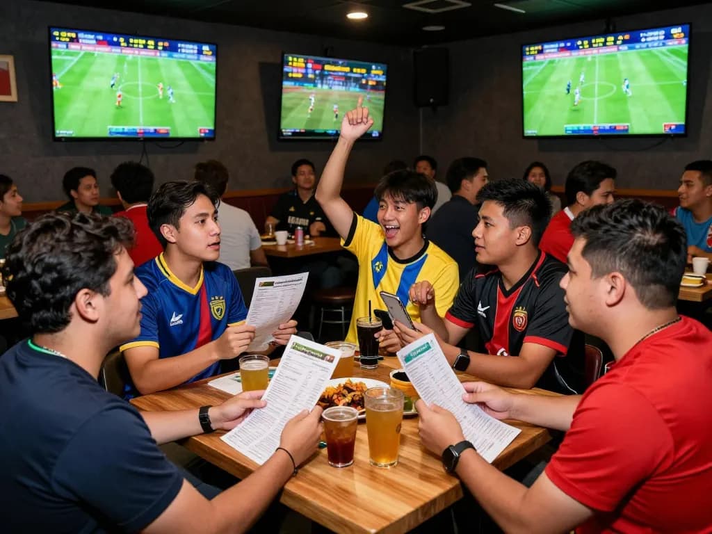 Exciting kèo bóng đá scene in a packed sports bar with friends enjoying live matches.