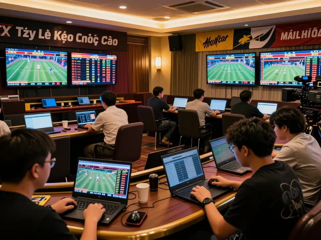 Tỷ Lệ Kèo Nhà Cái displayed on large screens in a lively sports betting environment with engaged bettors.